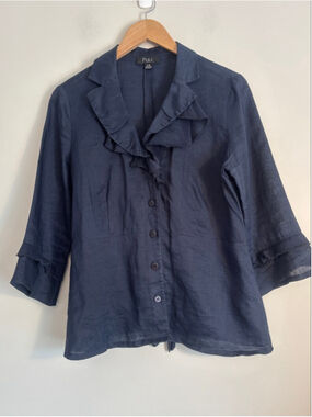 PULI Navy Ruffle Button-Front 100% Ramie Tie Back Blouse Womens Size 8 Career